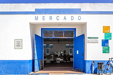 Zambujeira do Mar, Portugal, June 28, 2021: Entrance to municipal market selling regional products, Europe