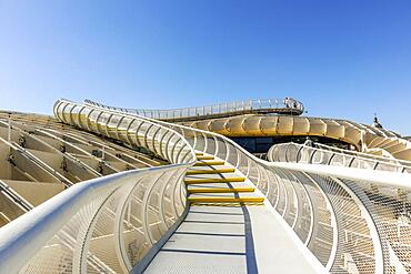 Architectural detail of Setas de Sevilla, wooden roof with walkways on the top with amazing panoramic view of the city, Seville, Andalusia, Spain, Europe