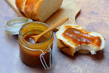 French caramel cream in glass and yeast plait, Brittany, France, Europe