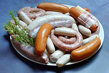 Various sausages on plate, sausage products, Switzerland, Europe