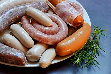 Various sausages on plate, sausage products, Switzerland, Europe