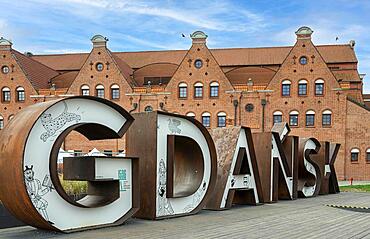 The Gdansk lettering in front of the Filharmonie in the Old Town, Gdansk, Poland, Europe