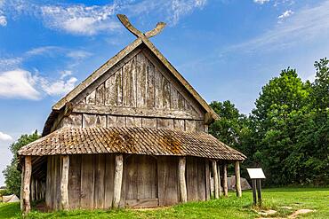 The reconstructed Viking longhouse at Trelleborg, Slagelse, Zealand, Denmark, Europe