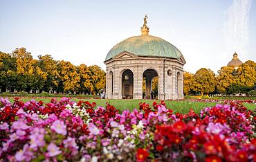 Blooming red flowers in the Hofgarten with the Diana Temple, Munich, Upper Bavaria, Bavaria, Germany, Europe