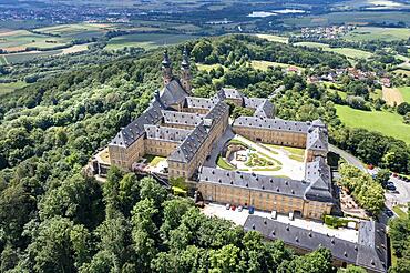 Aerial view of Banz Monastery, former Benedictine monastery, southern German baroque, near Bad Staffelstein, Lichtenfels district, Franconian Switzerland, Franconian Alps, Upper Franconia, Franconia, Bavaria, Germany, Europe