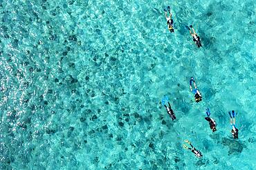 Aerial view, Indian Ocean, Maldives, Lhaviyani Atoll, Kuredu, with divers in the water, Maldives, Indian Ocean, Asia