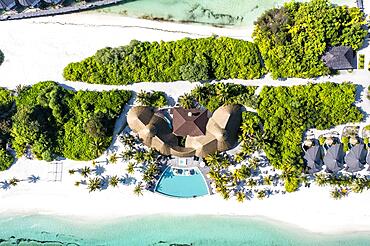 Aerial view, Kuredu with water bungalows and beaches, Laviyani Atoll, Maldives, Indian Ocean, Asia