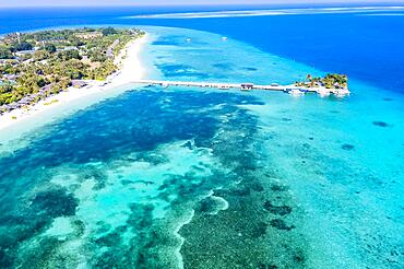 Aerial view, Kuredu with jetty, Laviyani Atoll, Maldives, Indian Ocean, Asia