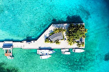 Aerial view, Kuredu with jetty, Laviyani Atoll, Maldives, Indian Ocean, Asia