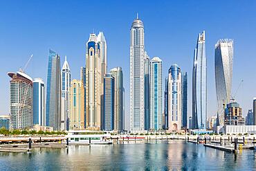 Dubai Marina and Harbour Skyline Architecture Vacation in Arabia Water Reflection in Dubai, United Arab Emirates, Asia