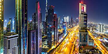 Dubai Sheikh Zayed Road Burj Khalifa Kalifa Skyscraper Skyline Architecture Panorama in Dubai, United Arab Emirates, Asia