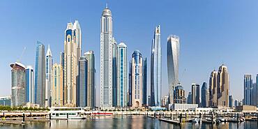 Dubai Marina and Harbour Skyline Architecture Vacation in Arabia Water Reflection Panorama in Dubai, United Arab Emirates, Asia