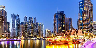 Dubai Marina Harbour Skyline Architecture Holiday by Night Panorama in Dubai, United Arab Emirates, Asia