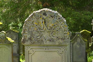 Gravestone with ornaments at the historic Jewish cemetery, established 1682, last burial 1941, Schmieheim, Baden-Wuerttemberg, Germany, Europe