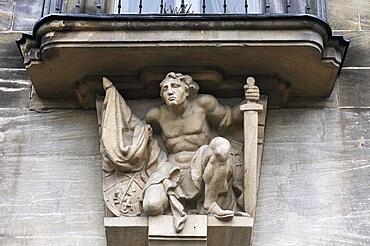 High relief, man with sword and flag, town hall, Bayreuth, Upper Franconia, Bavaria, Germany, Europe