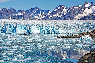 Fjord with drift ice, glacier and wild mountain landscape, Knud Rasmussen Glacier, Tasilaq, East Greenland, Greenland, Arctic, Denmark, North America