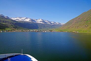Bow of a ship approaching a place, Iceland ferry, Seydisfjoerdur, Iceland, Europe