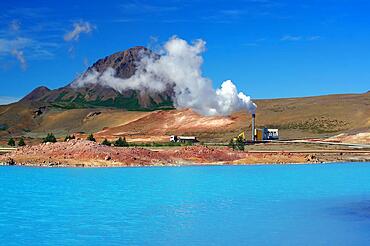 Geothermal lake and volcano, steam vapour, moon-like landscape, Myvatn, Iceland, Europe