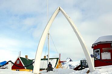 Archway made of whalebone, Winter, Sisimuit, Greenland, Denmark, North America