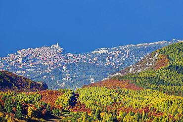 Lake Garda with colourful mountain forest and the small town of Malcesine, Monte Baldo, Malcesine, Verona Italy, Trentino-Alto Adige, Italy, Europe