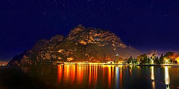 Viewpoint Via Giacomo Maroni at night with starry sky, Riva del Garda, Lake Garda North, Trento, Trentino-Alto Adige, Italy, Europe