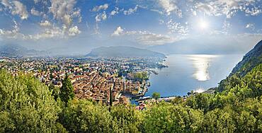 Town view of Riva del Garda and Lake Garda in the morning, Lake Garda North, Trento, Trentino-Alto Adige, Italy, Europe