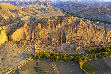 Aerial of the great buddhas in Bamyan, Afghanistan, Asia