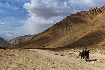 Man with his horse in the valley of, Chehel Burj or forty towers fortress, Yaklawang province, Bamyan, Afghanistan, Asia