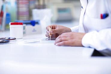 Hand of a lab technician with wooden stick and sample working in a laboratory with laboratory equipment, Freiburg, Baden-Wuerttemberg, Germany, Europe