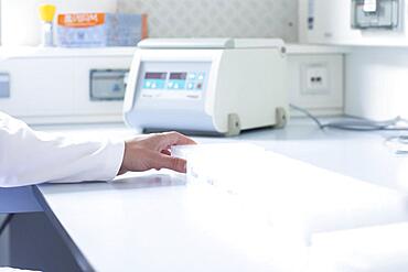 Sample preparation with laboratory equipment in a laboratory for control testing, Freiburg, Baden-Wuerttemberg, Germany, Europe