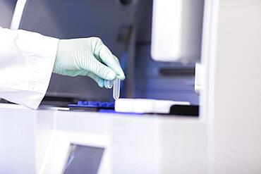 Nanotube in a hand at a laboratory device in a laboratory with laboratory glove, Freiburg, Baden-Wuerttemberg, Germany, Europe