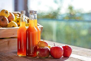 Apple juice naturally cloudy, homemade in juice bottle with apples in apple crate with autumn light