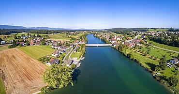 View of the village with Aare bridge, aerial view, Aarwangen, Canton Bern, Switzerland, Europe