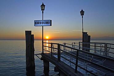 Landing stage, sunset, Bardolino, Lake Garda, Italy, Europe