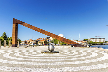 Square with modern art and historic Socorro Chapel in the background, Vila do Conde, Porto district, Portugal, Europe