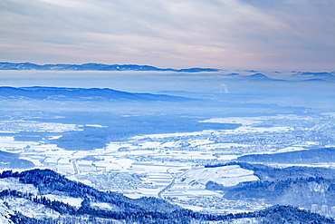 View from Kandel over the Rhine Valley to the Vosges Mountains, in winter, Feldberg, Black Forest, Baden-Wuerttemberg, Germany, Europe