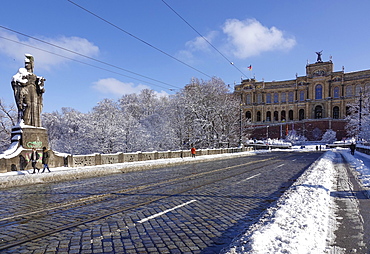 Maximiliansbruecke with statue of Pallas Athene and Maximilianeum, Bavarian Parliament, snowy capital Munich, Free State of Bavaria, Germany, Europe