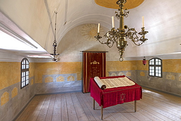 Table with Torah scroll and Torah cupboard in the synagogue in the Judenhof, Franconian Switzerland Museum, Tuechersfeld, Upper Franconia, Bavaria, Germany, Europe