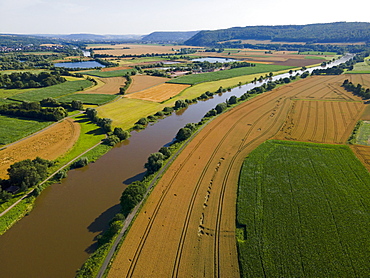 Drone image of the river Weser near Holzminden, Weserbergland, Lower Saxony, right North Rhine-Westphalia, Germany, Europe