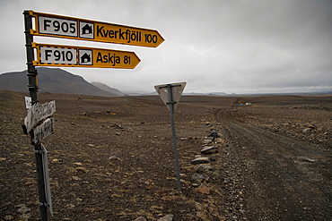 Unpaved highland road signpost Kverkfjoell Askja, Icelandic highlands, near Moeorudalur, Iceland, Europe