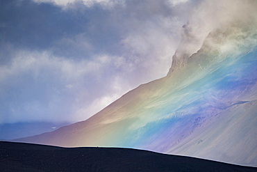 Rainbow and clouds, flank of table volcano Heroubreio or Herdubreid, Icelandic highlands, Iceland, Europe