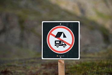 No camping sign, East Iceland, Iceland, Europe