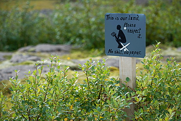 Hand-painted sign This is our land, please respect it, No urination, East Iceland, Iceland, Europe