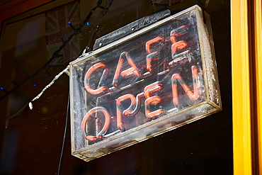 Illuminated sign Cafe Open, London, England, Great Britain