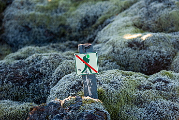 Prohibition sign Do not leave hiking trail, Laki Crater or Lakagigar, Highlands, South Iceland, Suourland, Iceland, Europe