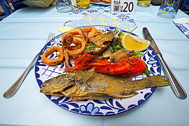 Typical Mediterranean seafood platter, Trapani, Sicily, Italy, Europe