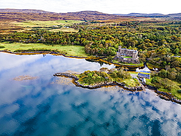 Aerial of Dunvegan castle, Isle of Skye, Scotland, UK