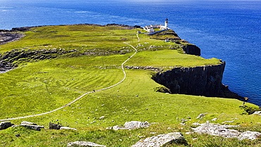 View from above the peninsula and Neist Point lighthouse, Dunvegan, West Coast, Isle of Sky, Inner Hebrides, Scotland, United Kingdom, Europe