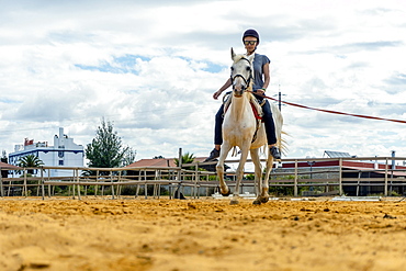 Woman taking horse riding lessons in a paddock