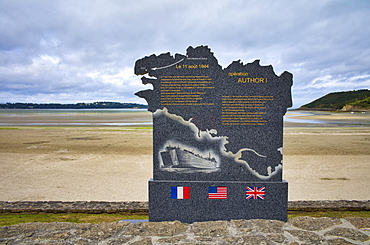 Operation AUTHOR I plaque commemorating the cooperation of the French Resistance with the Allied troops under General Patton to secure supplies, Saint-Michel-en-Greve (Breton: Lokmikael-an-Traezh), Cotes-d'Armor, Brittany, France, Europe